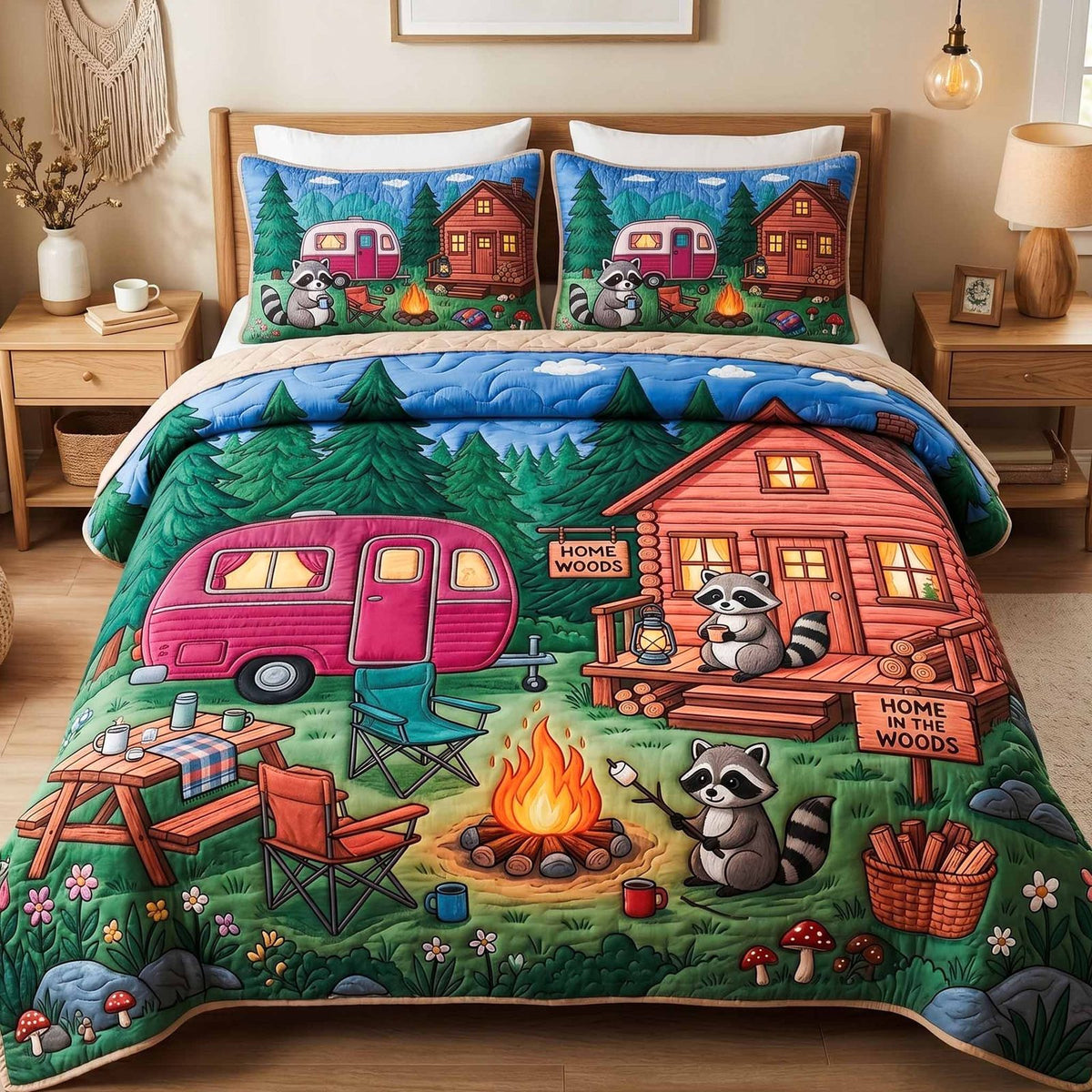 Cabin Night quilted 3-piece bedding set on a made bed with two matching pillow shams