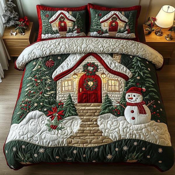 Cabin Nights quilted 3-piece bedding set on a made bed with two matching pillow shams