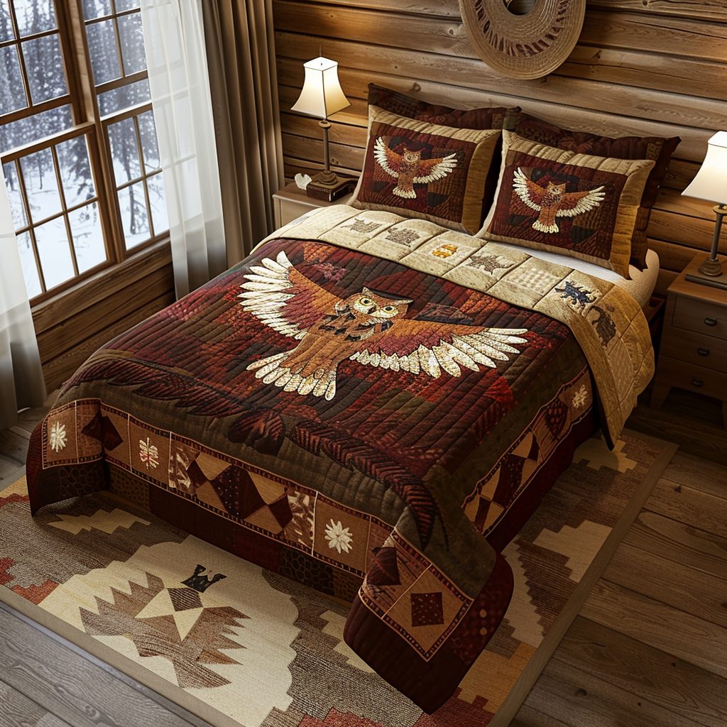 Cabin Owl quilted 3-piece bedding set on a made bed with two matching pillow shams