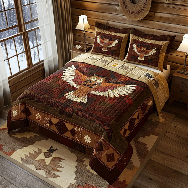 Cabin Owl quilted 3-piece bedding set on a made bed with two matching pillow shams