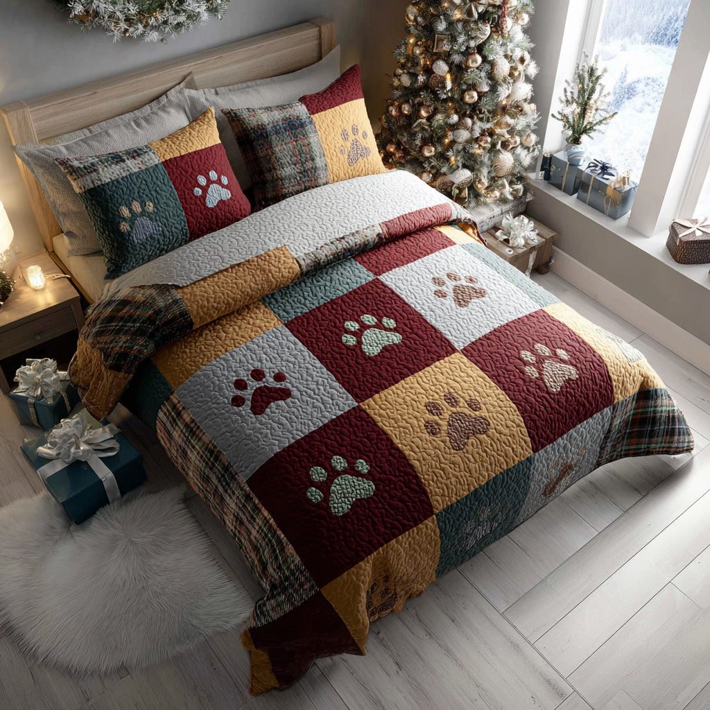Cabin Paw quilted 3-piece bedding set on a made bed with two matching pillow shams