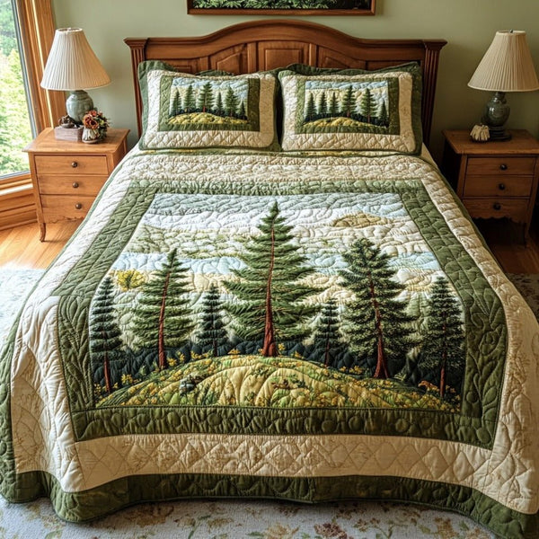 Cabin Pines quilted 3-piece bedding set on a made bed with two matching pillow shams