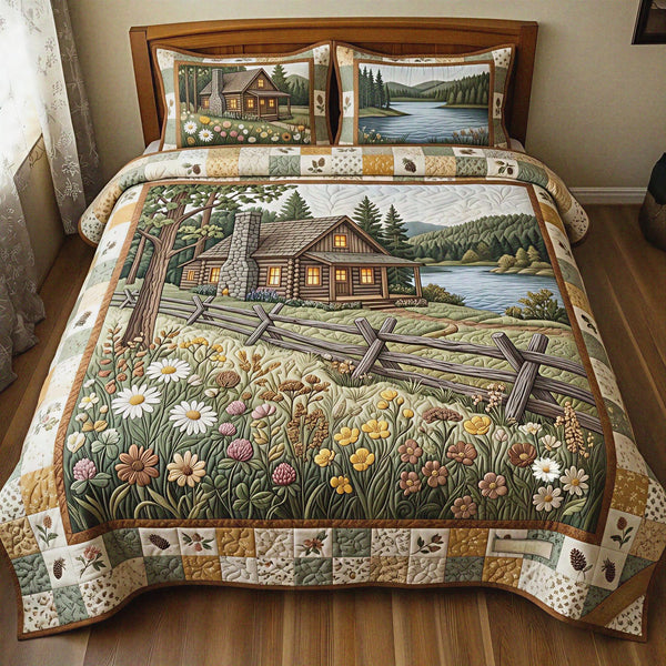 Cabin Retreat quilted 3-piece bedding set on a made bed with two matching pillow shams
