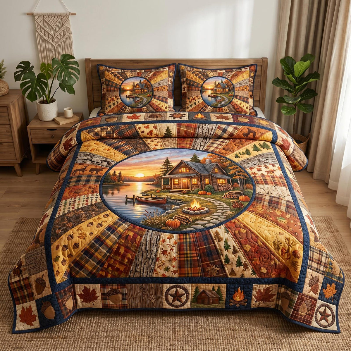 Cabin Retreat quilted 3-piece bedding set on a made bed with two matching pillow shams