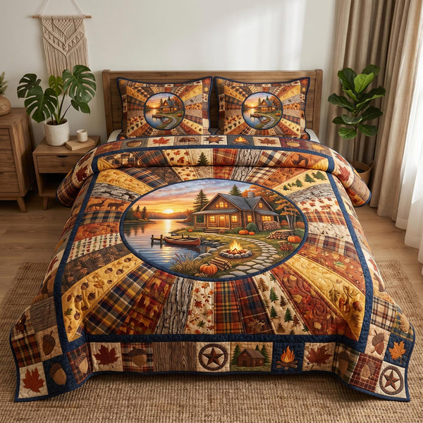 Cabin Retreat quilted 3-piece bedding set on a made bed with two matching pillow shams