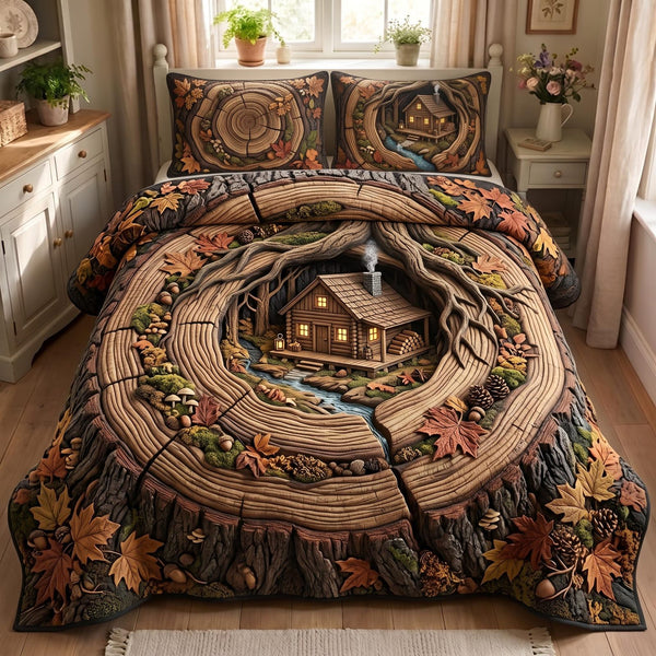 Cabin Retreat quilted 3-piece bedding set on a made bed with two matching pillow shams