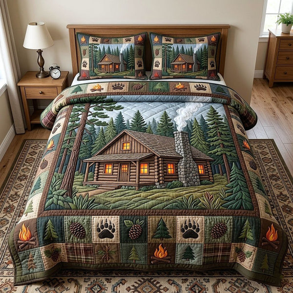 Cabin Retreat quilted 3-piece bedding set on a made bed with two matching pillow shams