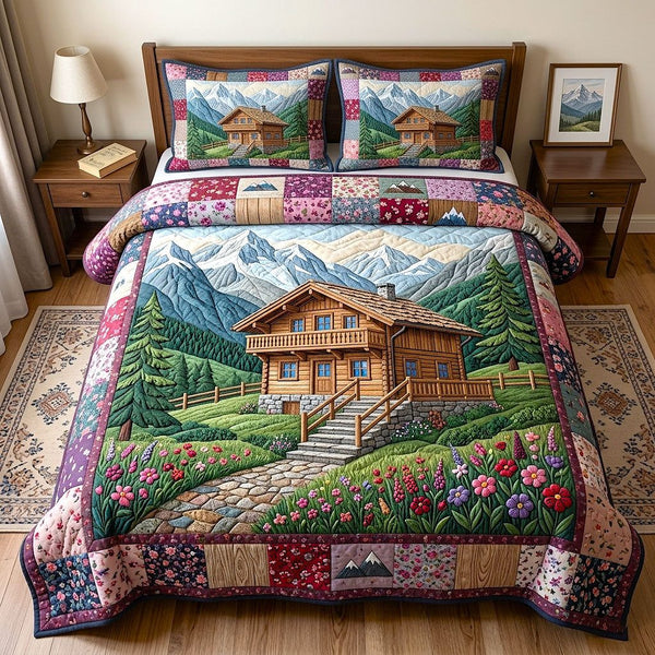Cabin Retreat quilted 3-piece bedding set on a made bed with two matching pillow shams