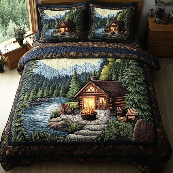 Cabin Retreat quilted 3-piece bedding set on a made bed with two matching pillow shams