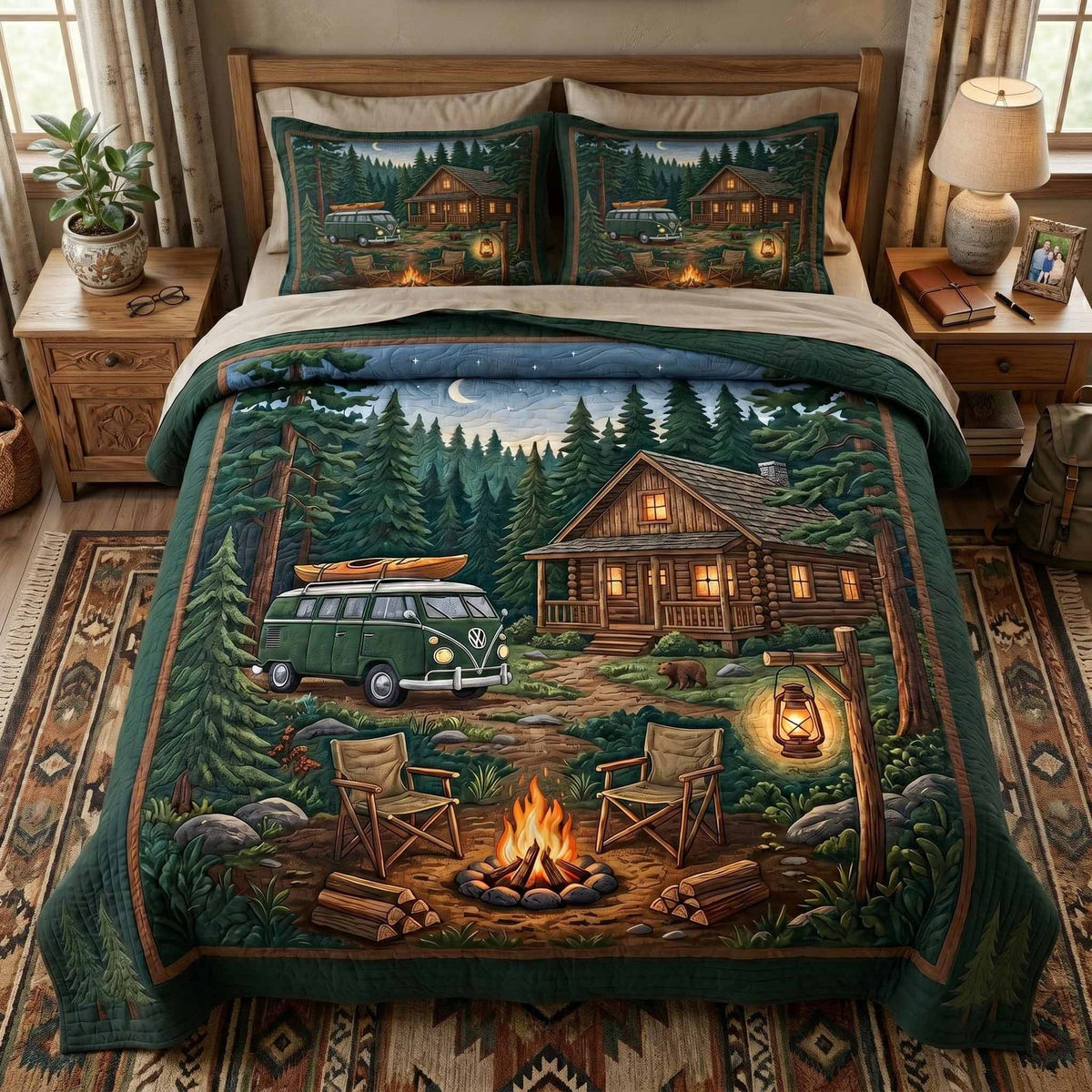 Cabin Retreat quilted 3-piece bedding set on a made bed with two matching pillow shams