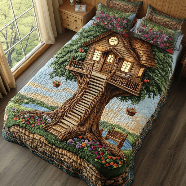 Cabin Serenity quilted 3-piece bedding set on a made bed with two matching pillow shams