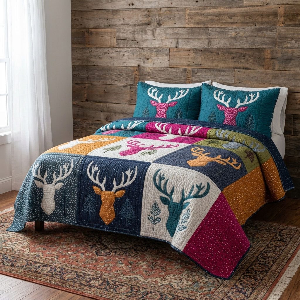Cabin Stag quilted 3-piece bedding set on a made bed with two matching pillow shams