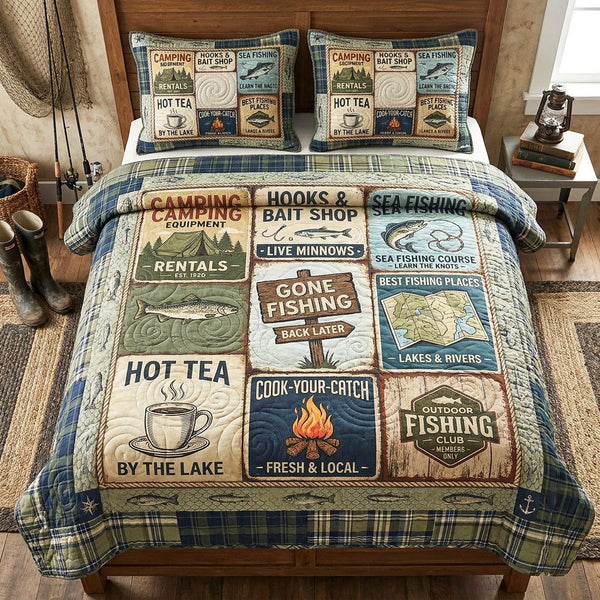 Cabin Stories quilted 3-piece bedding set on a made bed with two matching pillow shams
