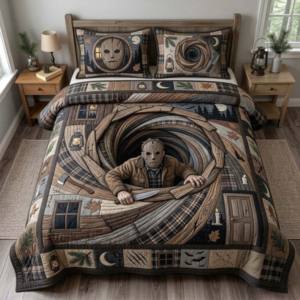 Cabin Wood Vortex quilted 3-piece bedding set on a made bed with two matching pillow shams