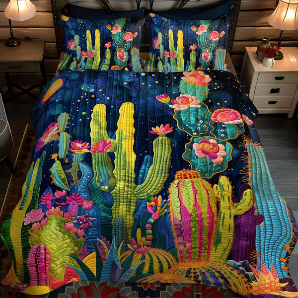Cacti Night quilted 3-piece bedding set on a made bed with two matching pillow shams