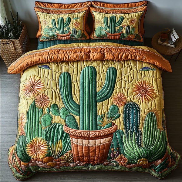 Cactus Blaze quilted 3-piece bedding set on a made bed with two matching pillow shams