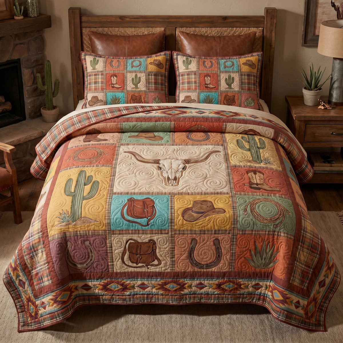 Cactus Bloom Homestead quilted 3-piece bedding set on a made bed in a rustic timber bedroom