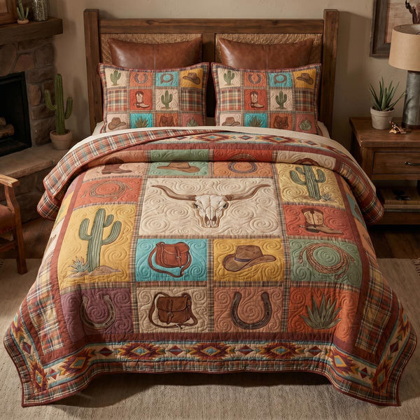 Cactus Bloom Homestead quilted 3-piece bedding set on a made bed in a rustic timber bedroom