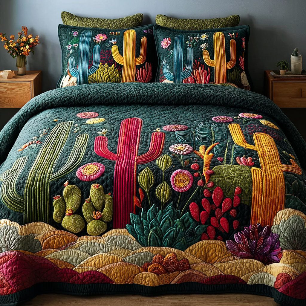 Cactus Bloom quilted 3-piece bedding set on a made bed with two matching pillow shams