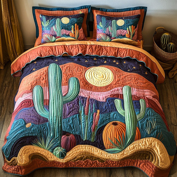 Cactus Bloom quilted 3-piece bedding set on a made bed with two matching pillow shams
