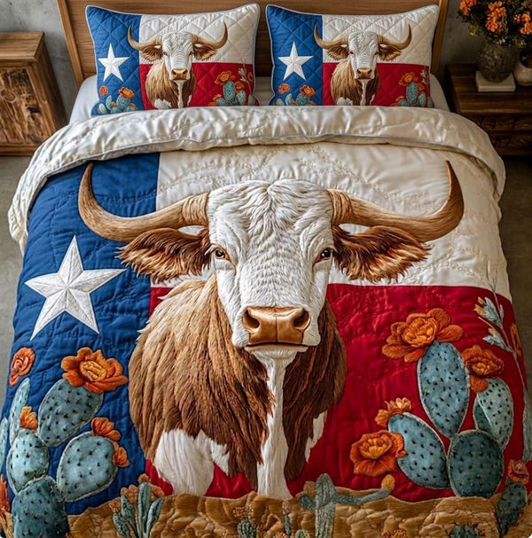 Cactus Bloom quilted 3-piece bedding set on a made bed with two matching pillow shams