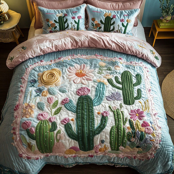 Cactus Bloom quilted 3-piece bedding set on a made bed with two matching pillow shams