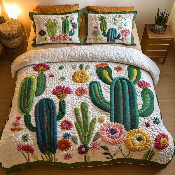 Cactus Bloom quilted 3-piece bedding set on a made bed with two matching pillow shams