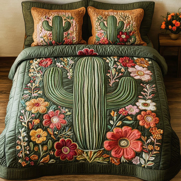 Cactus Bloom quilted 3-piece bedding set on a made bed with two matching pillow shams