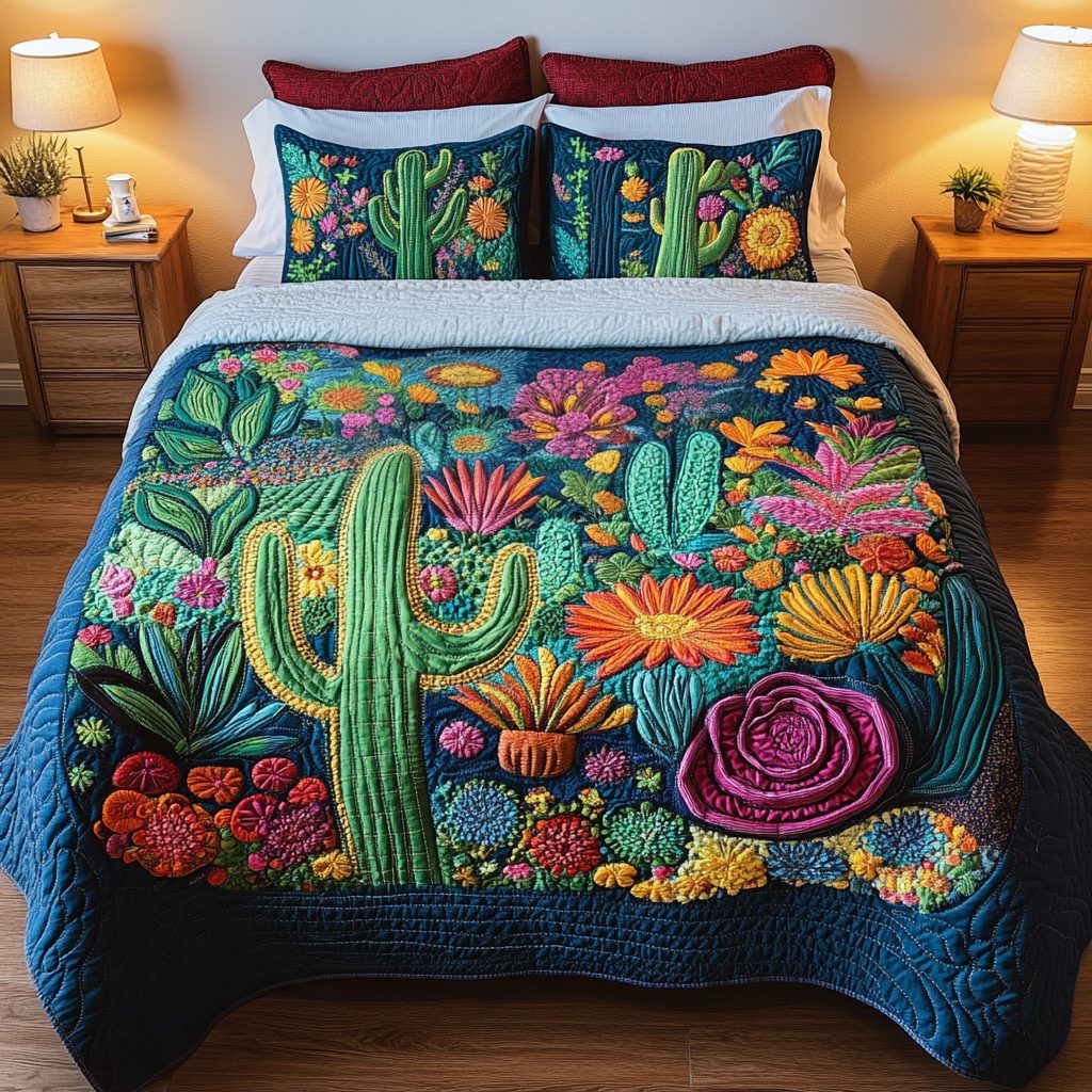 Cactus Bloom quilted 3-piece bedding set on a made bed with two matching pillow shams