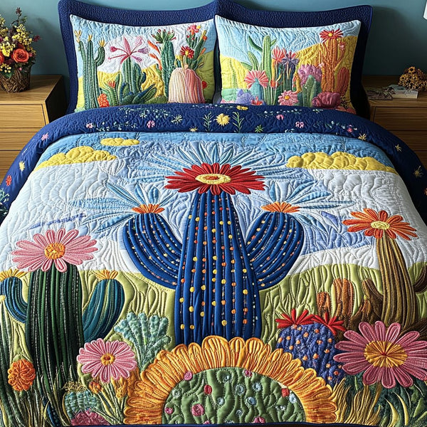 Cactus Bloom quilted 3-piece bedding set on a made bed with two matching pillow shams