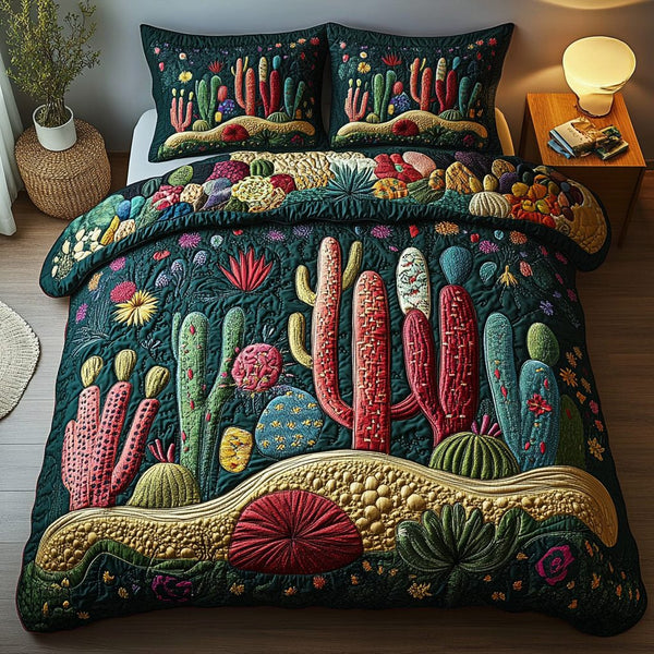 Cactus Charm quilted 3-piece bedding set on a made bed with two matching pillow shams