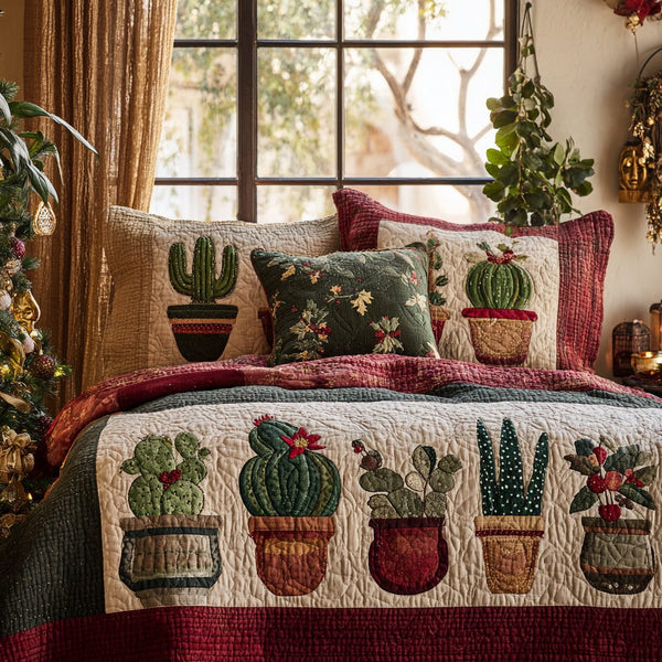 Cactus Colors quilted 3-piece bedding set on a made bed with two matching pillow shams