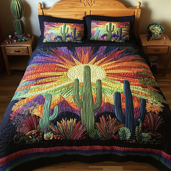 Cactus Comfort Cove quilted 3-piece bedding set on a made bed with two matching pillow shams