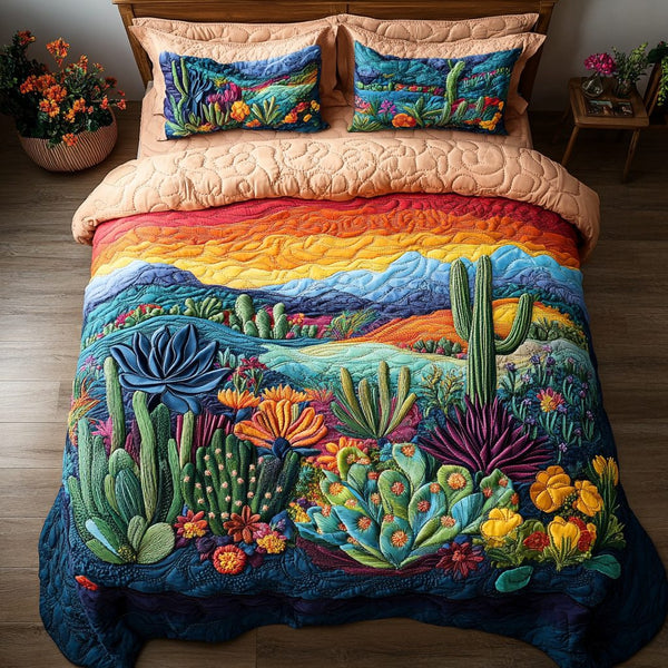 Cactus Comfort quilted 3-piece bedding set on a made bed with two matching pillow shams