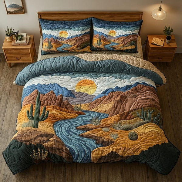 Cactus Comfort quilted 3-piece bedding set on a made bed with two matching pillow shams
