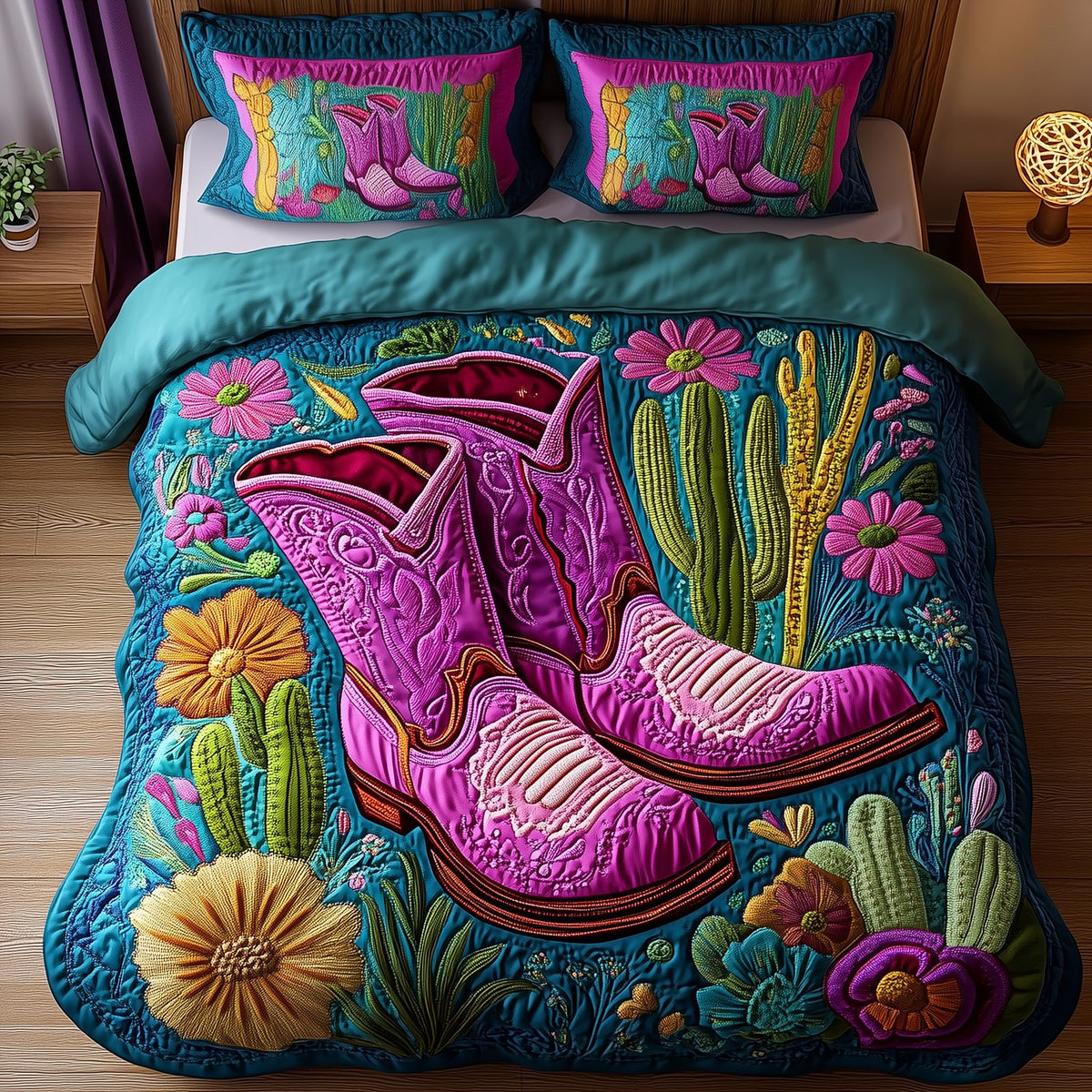 Cactus Cowboy Boot quilted 3-piece bedding set on a made bed in a rustic timber bedroom