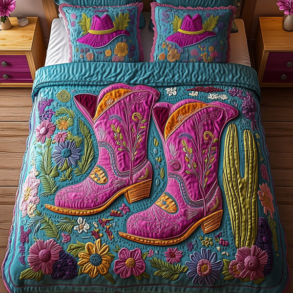 Cactus Cowboy Boot quilted 3-piece bedding set on a made bed in a rustic timber bedroom