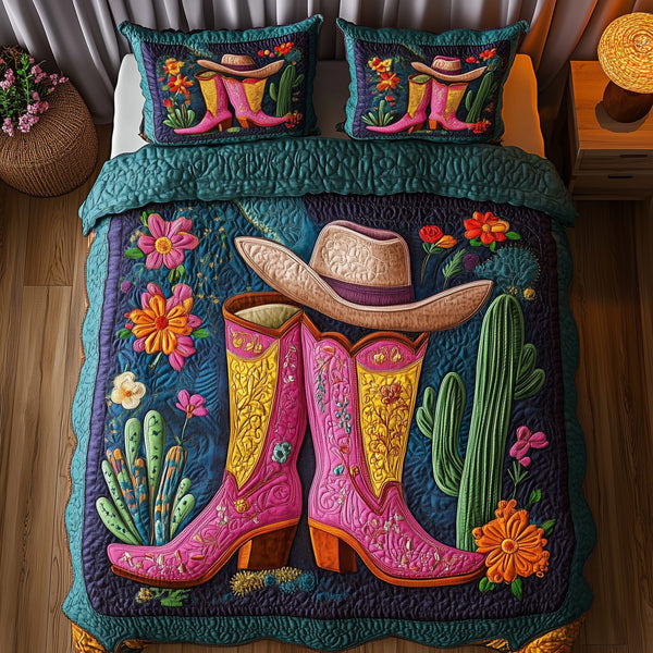 Cactus Cowboy Boot quilted 3-piece bedding set on a made bed in a rustic timber bedroom