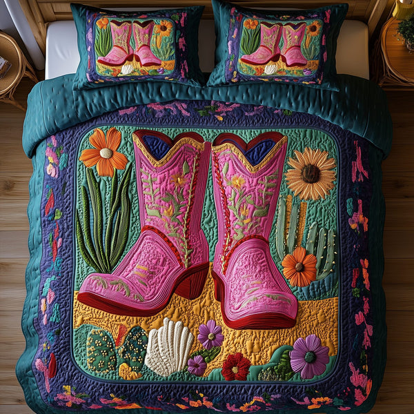 Cactus Cowboy Boot quilted 3-piece bedding set on a made bed in a rustic timber bedroom