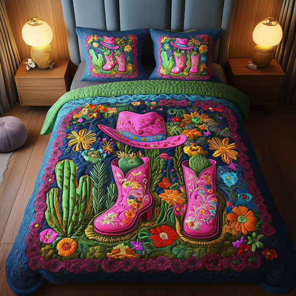 Cactus Cowboy Boot quilted 3-piece bedding set on a made bed in a rustic timber bedroom