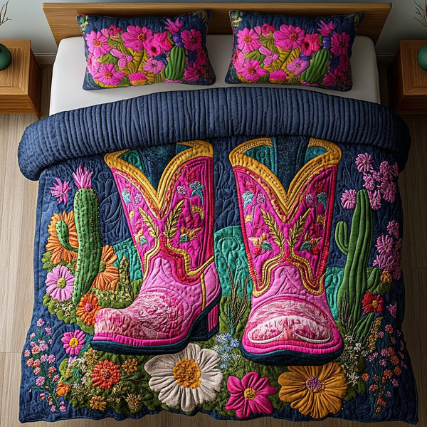 Cactus Cowboy Boot quilted 3-piece bedding set on a made bed in a rustic timber bedroom