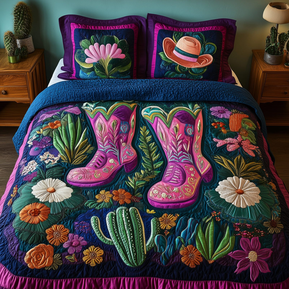 Cactus Cowboy Boot quilted 3-piece bedding set on a made bed in a rustic timber bedroom