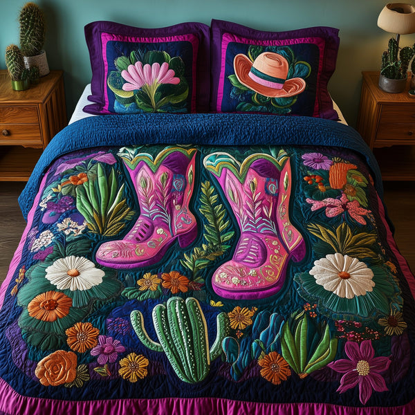 Cactus Cowboy Boot quilted 3-piece bedding set on a made bed in a rustic timber bedroom
