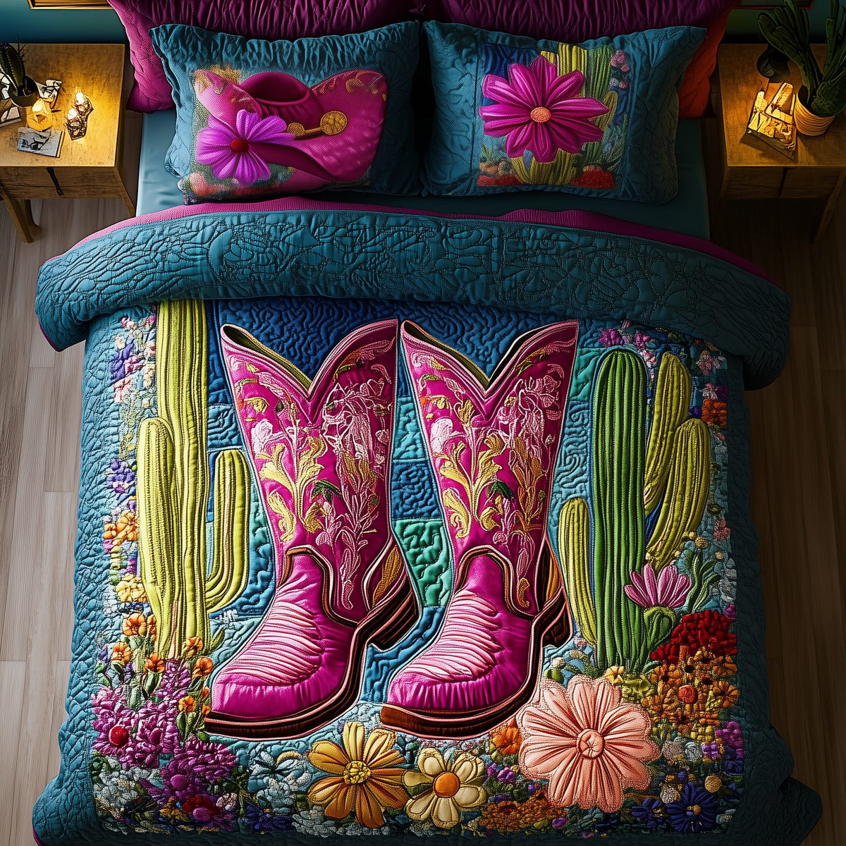 Cactus Cowboy Boot quilted 3-piece bedding set on a made bed in a rustic timber bedroom