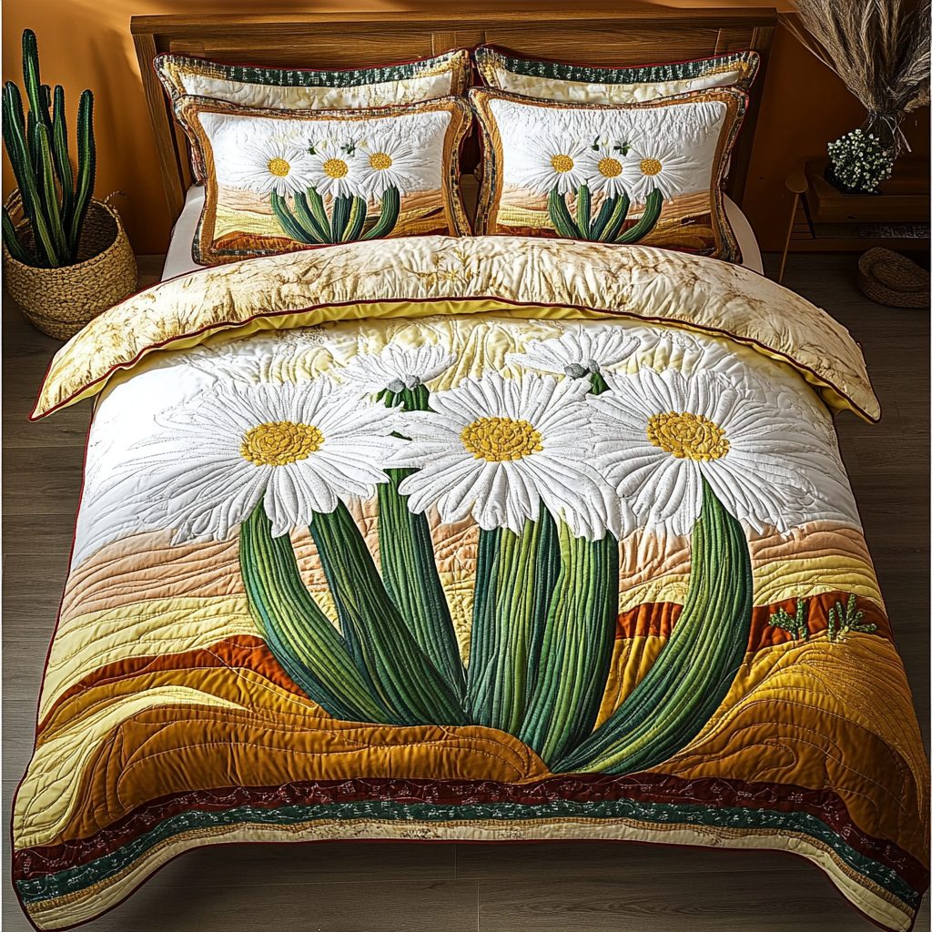 Cactus Dawn quilted 3-piece bedding set on a made bed with two matching pillow shams