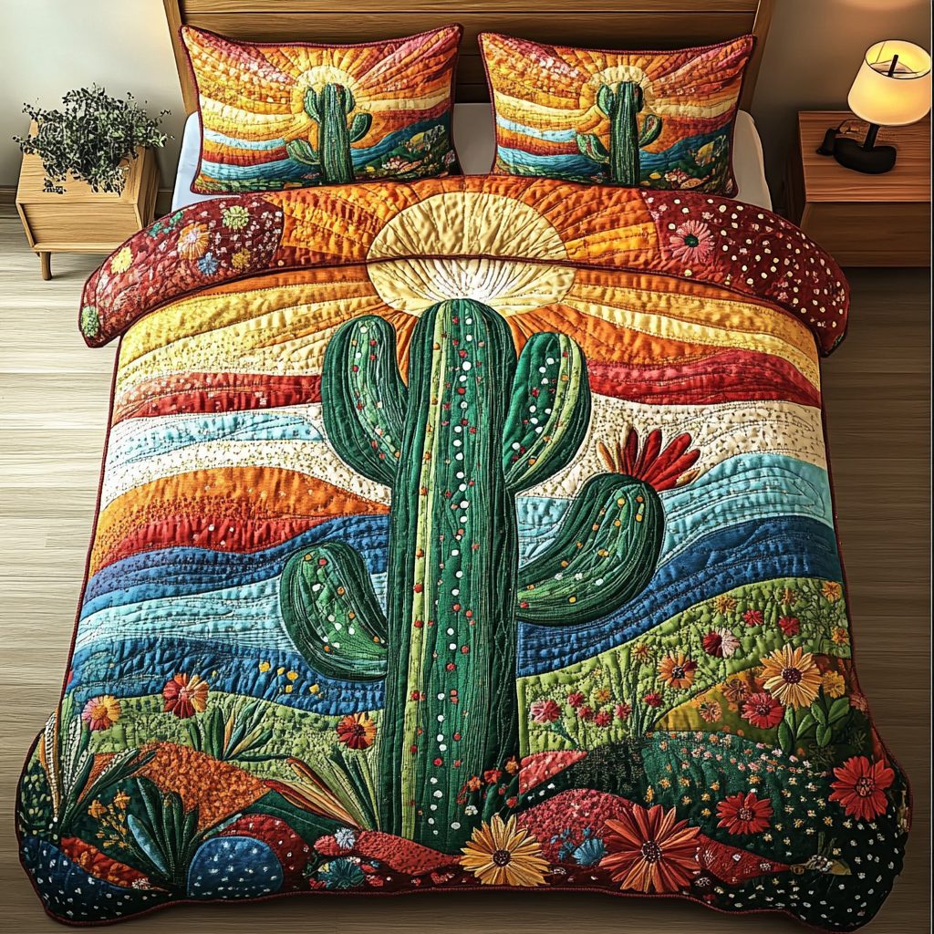 Cactus Delight quilted 3-piece bedding set on a made bed with two matching pillow shams