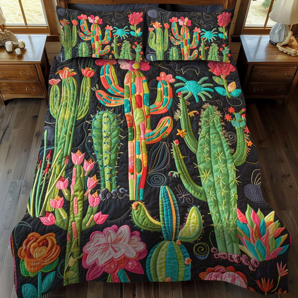 Cactus Desert Blossom quilted 3-piece bedding set on a made bed with two matching pillow shams