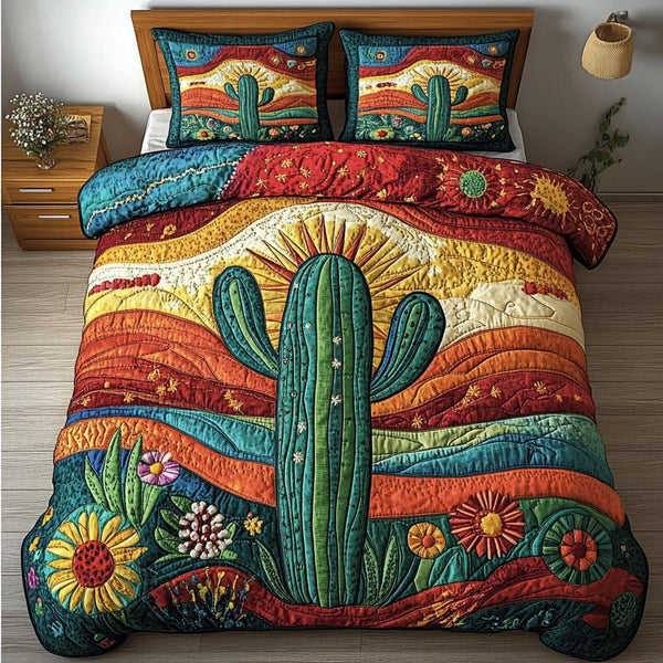 Cactus Dream quilted 3-piece bedding set on a made bed with two matching pillow shams