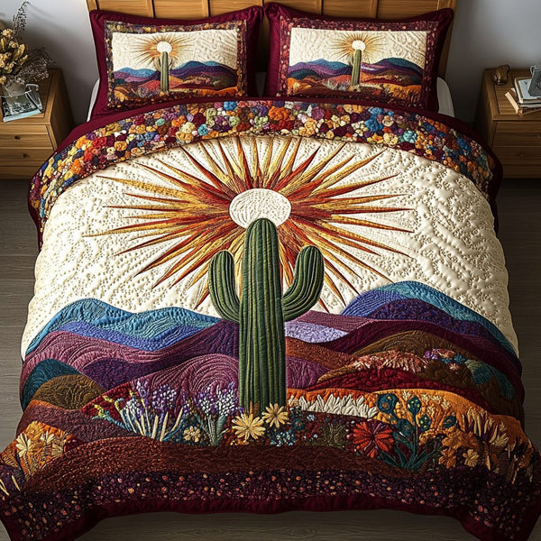Cactus Dream quilted 3-piece bedding set on a made bed with two matching pillow shams