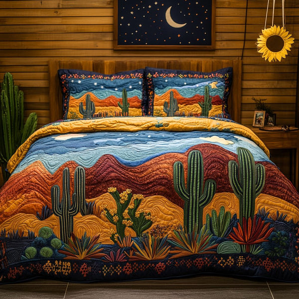 Cactus Dream quilted 3-piece bedding set on a made bed with two matching pillow shams
